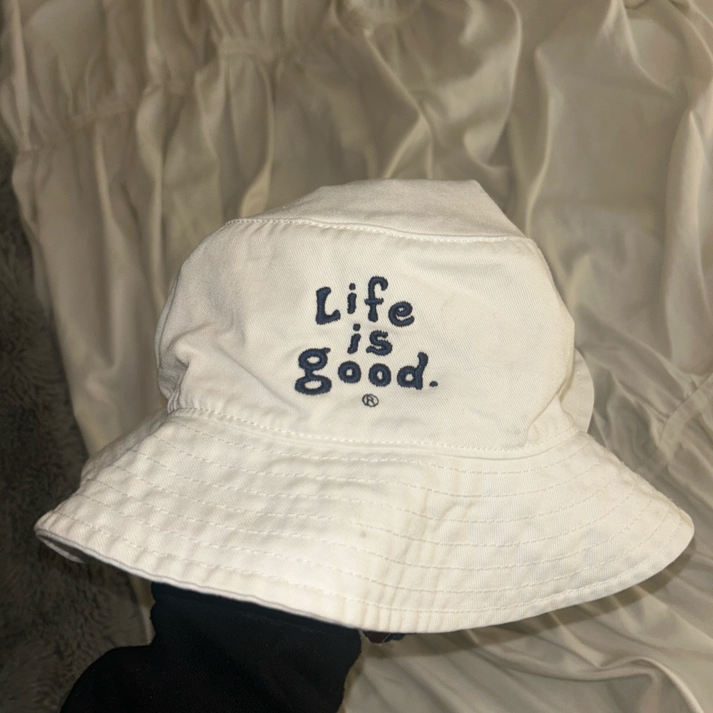 White Bucket Hat with Embroidered Text